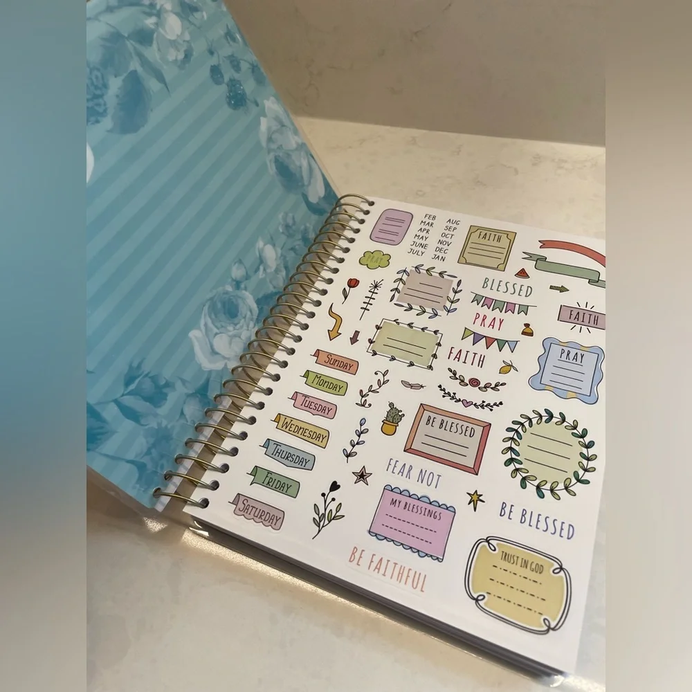 Blue and Pink Floral Print Inspirational Laminated‎ Hard Cover Spiral Journal